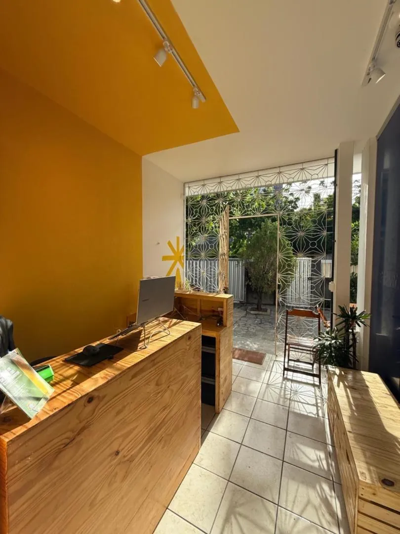 Recepção do LumeHostel banhada de sol, com balcão de madeira e vista para o pátio pelo portão decorado